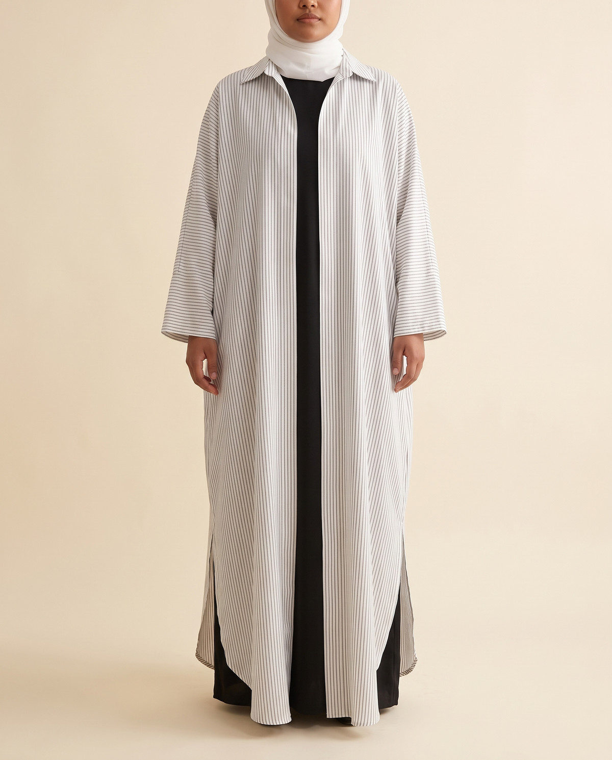 Striped longline shirt abaya in Grey Stripe, front