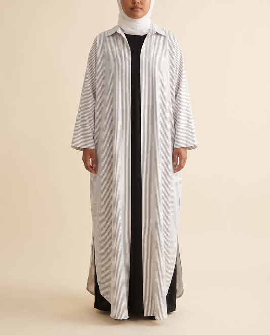 Striped longline shirt abaya in Grey Stripe, front
