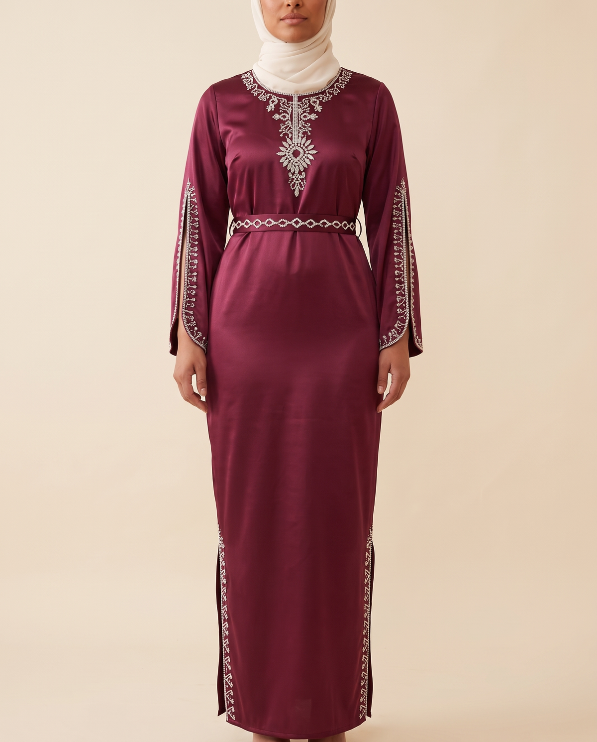 Diamanté split-sleeve satin column dress in Wine Red, front