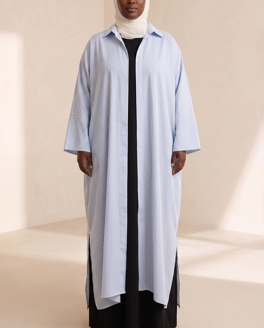 Striped longline shirt abaya in Sky Blue Stripe, front