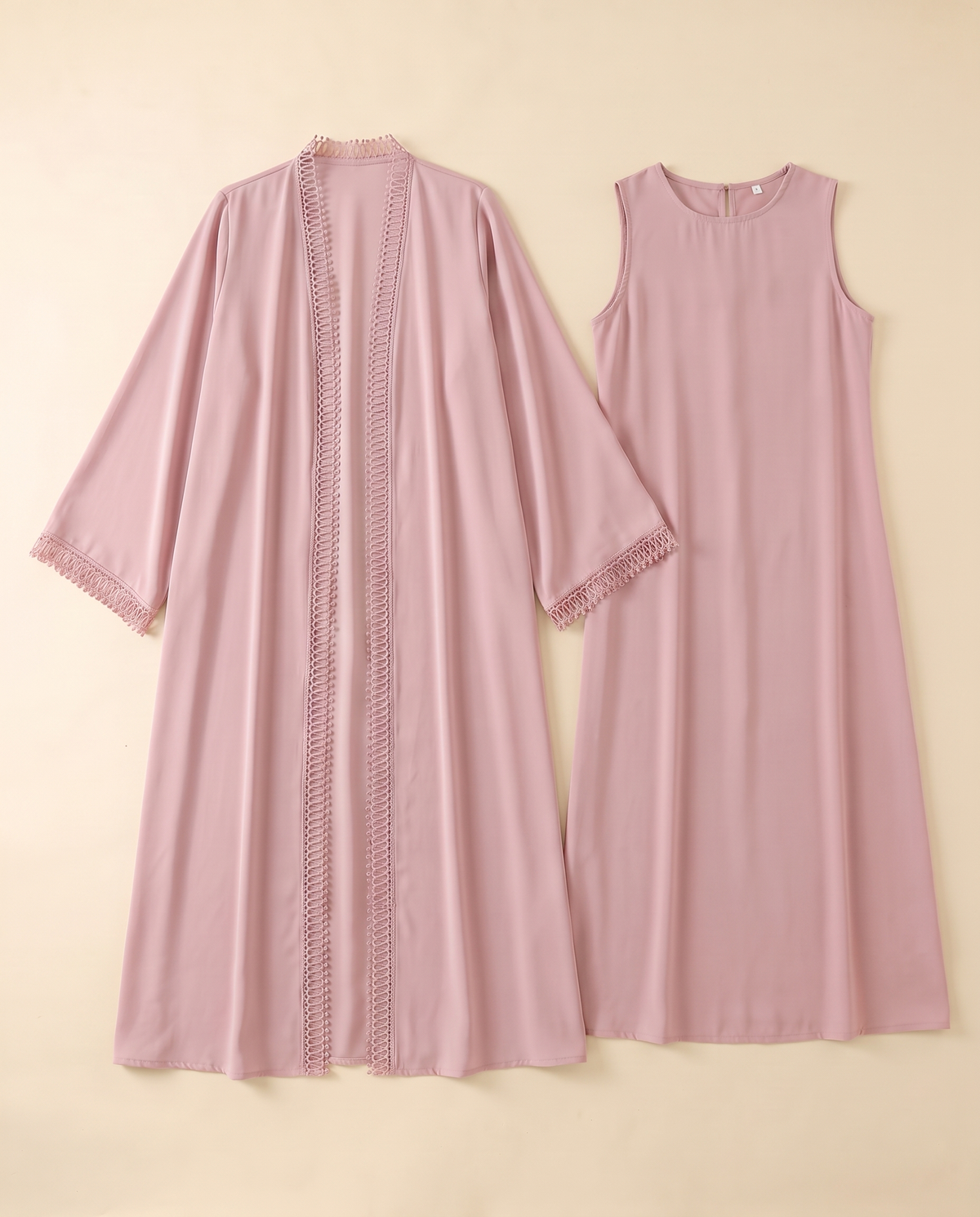 Lace-trim open abaya and slip dress set in Pink, flat lay
