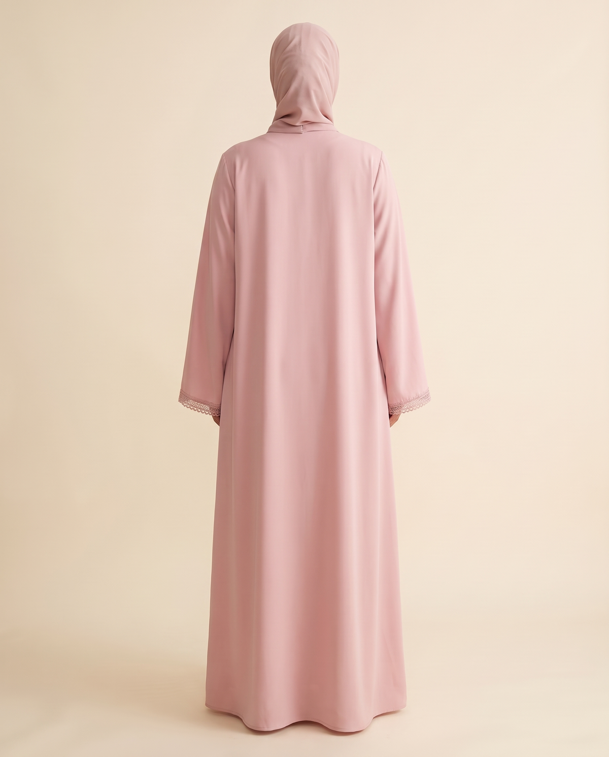 Lace-trim open abaya set in Pink, back view