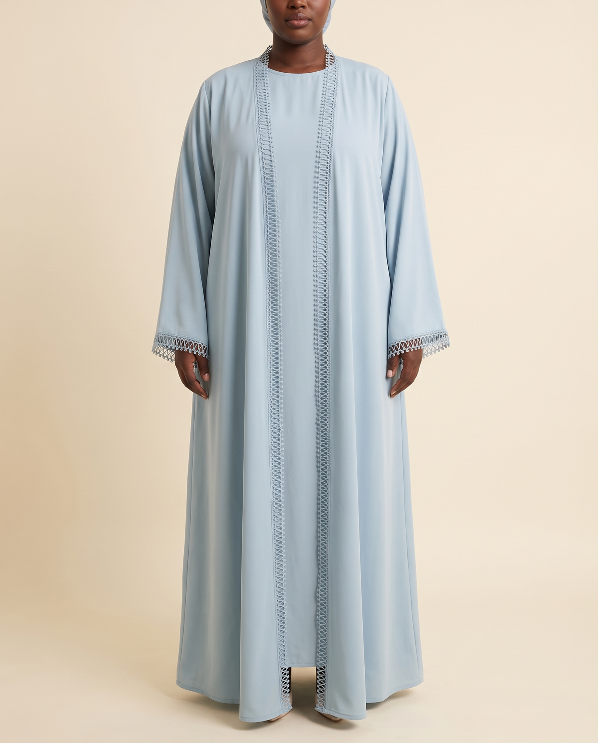 Lace-trim open abaya and slip dress set in Sky Blue, front