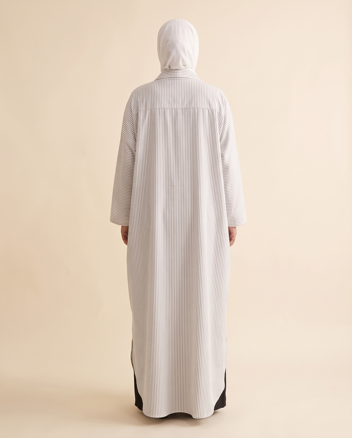 Striped longline shirt abaya in Grey Stripe, back view