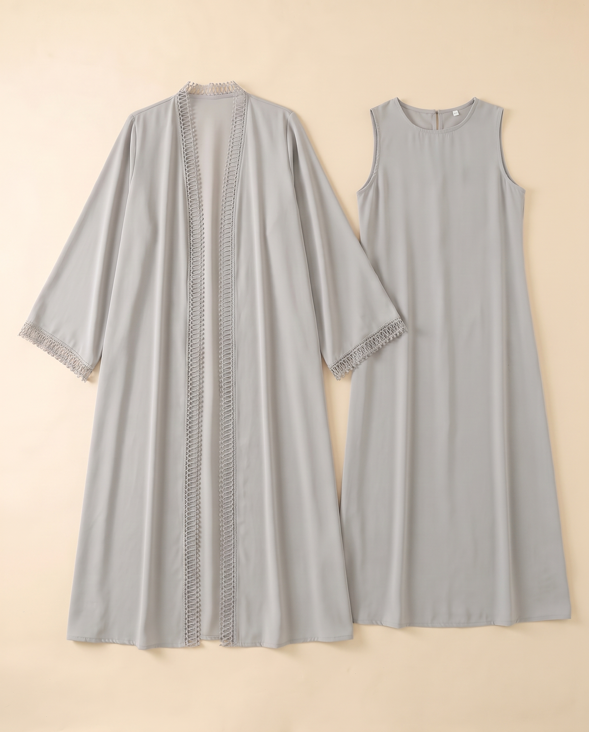 Lace-trim open abaya and slip dress set in Light Grey, flat lay