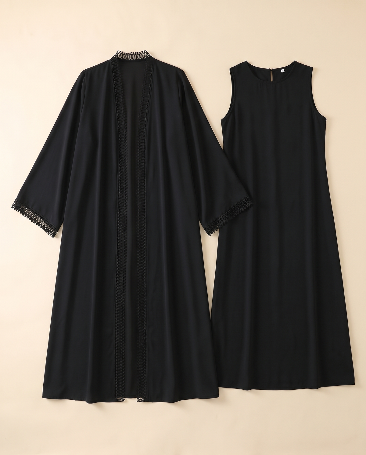 Lace-trim open abaya and slip dress set in Black, flat lay