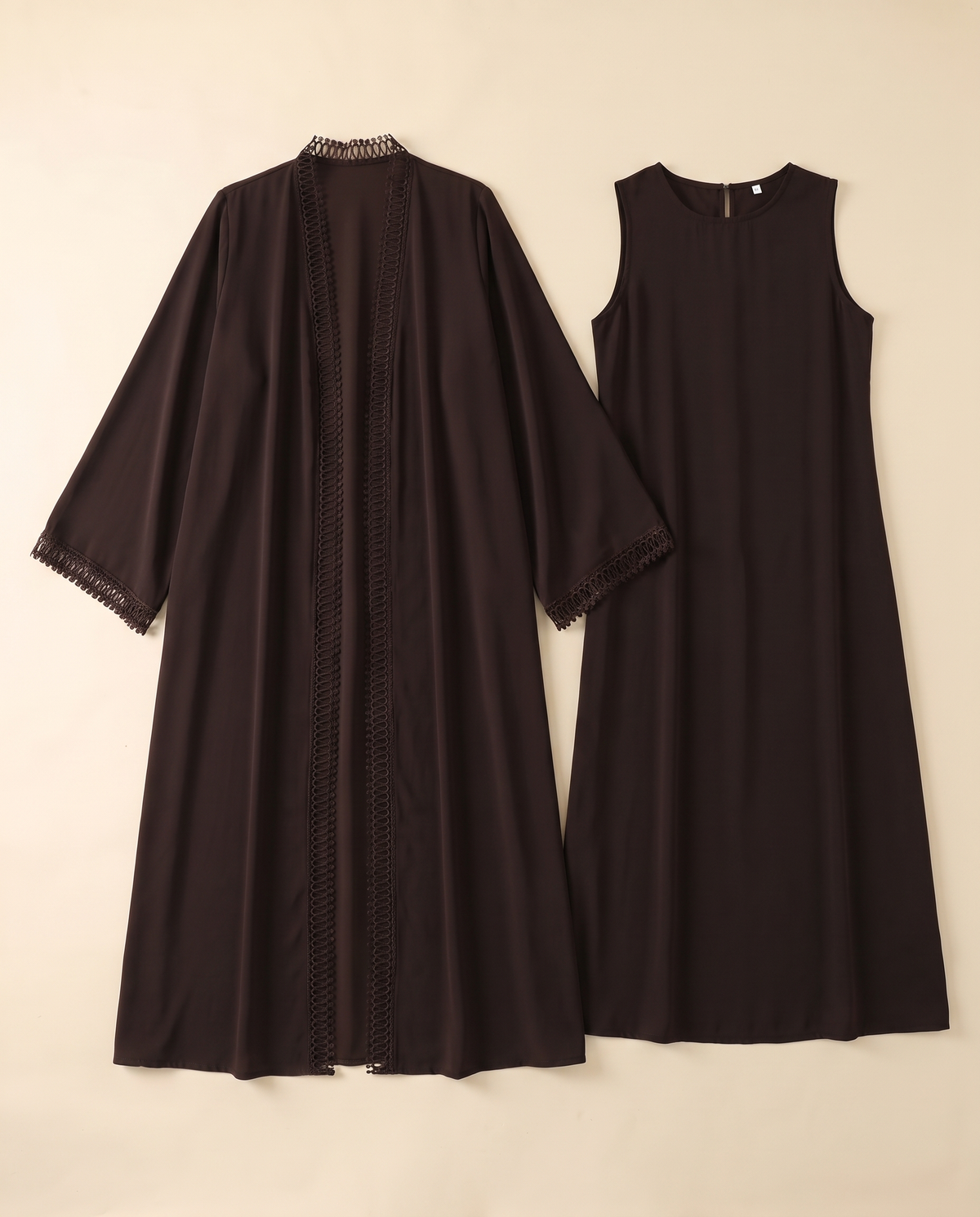Lace-trim open abaya and slip dress set in Coffee, flat lay