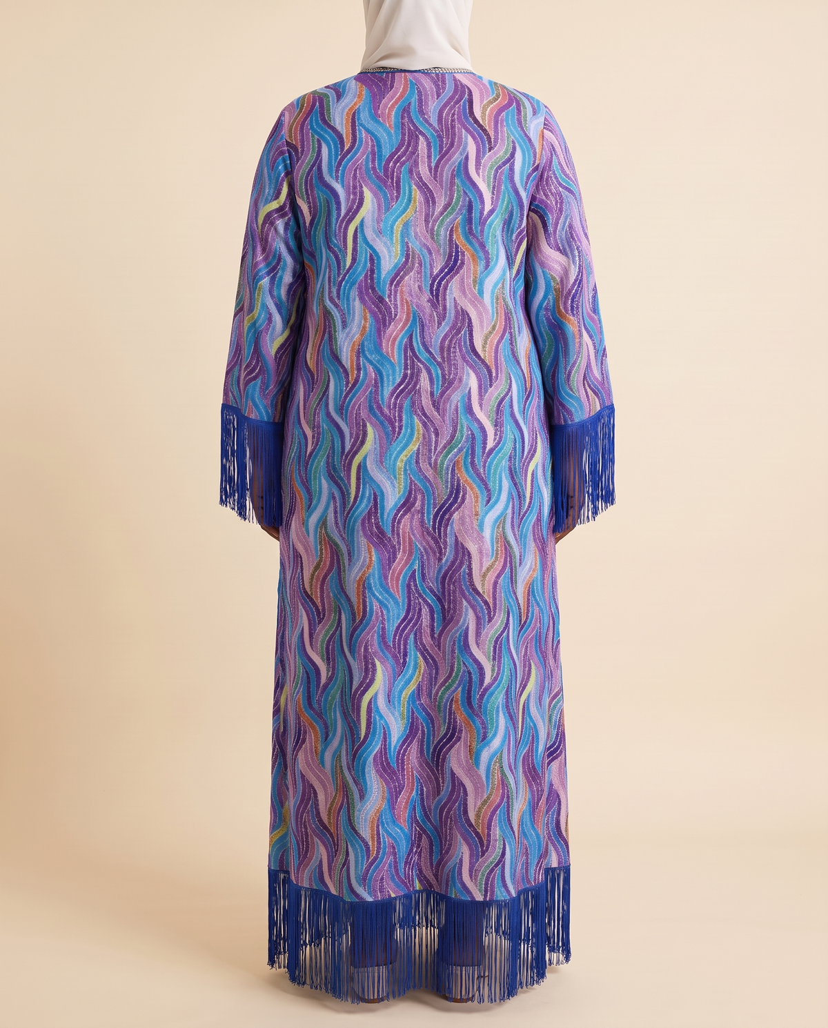 Shirin printed tassel-hem kaftan in Blue Print, back view