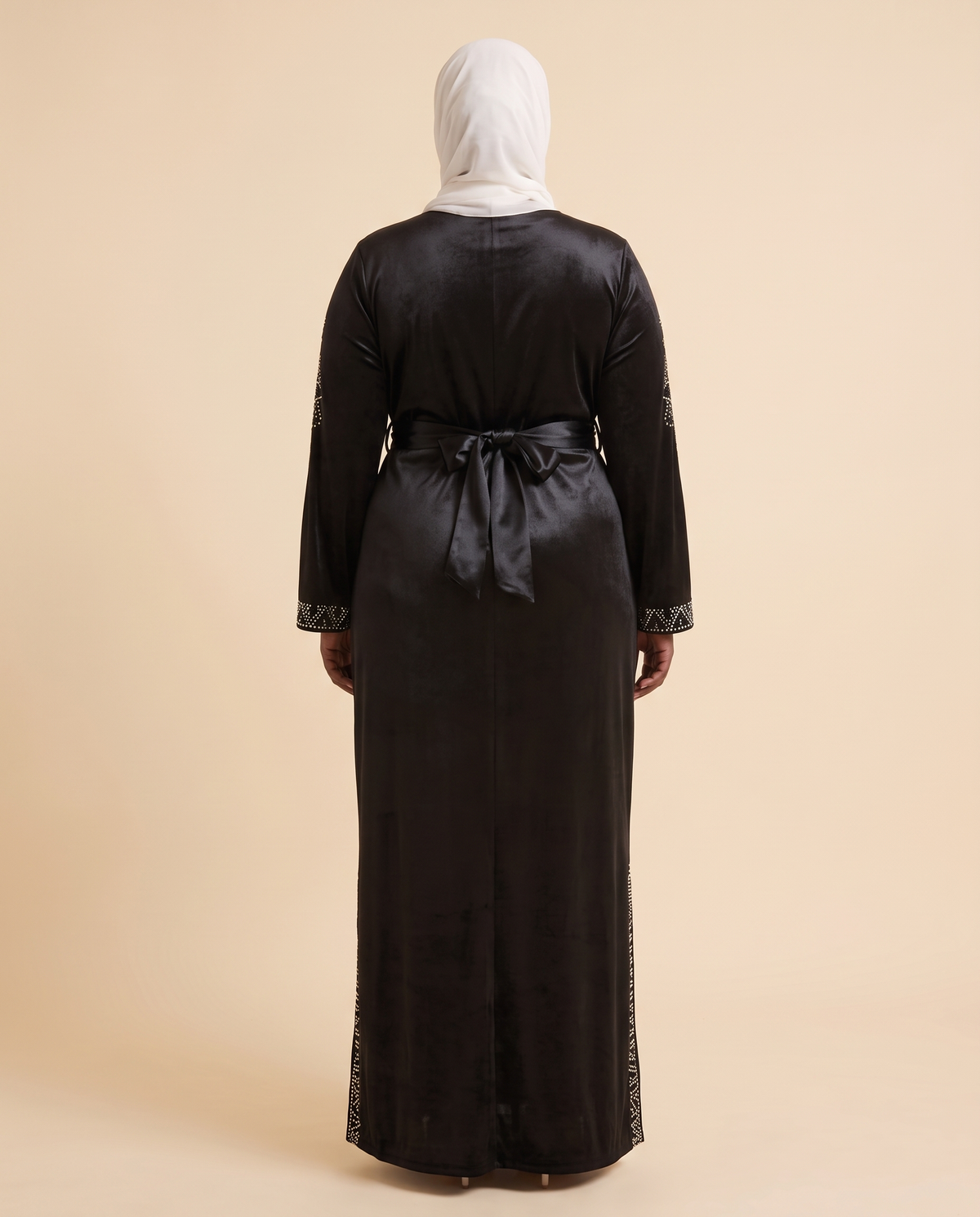 Diamanté split-sleeve satin column dress in Black, back view