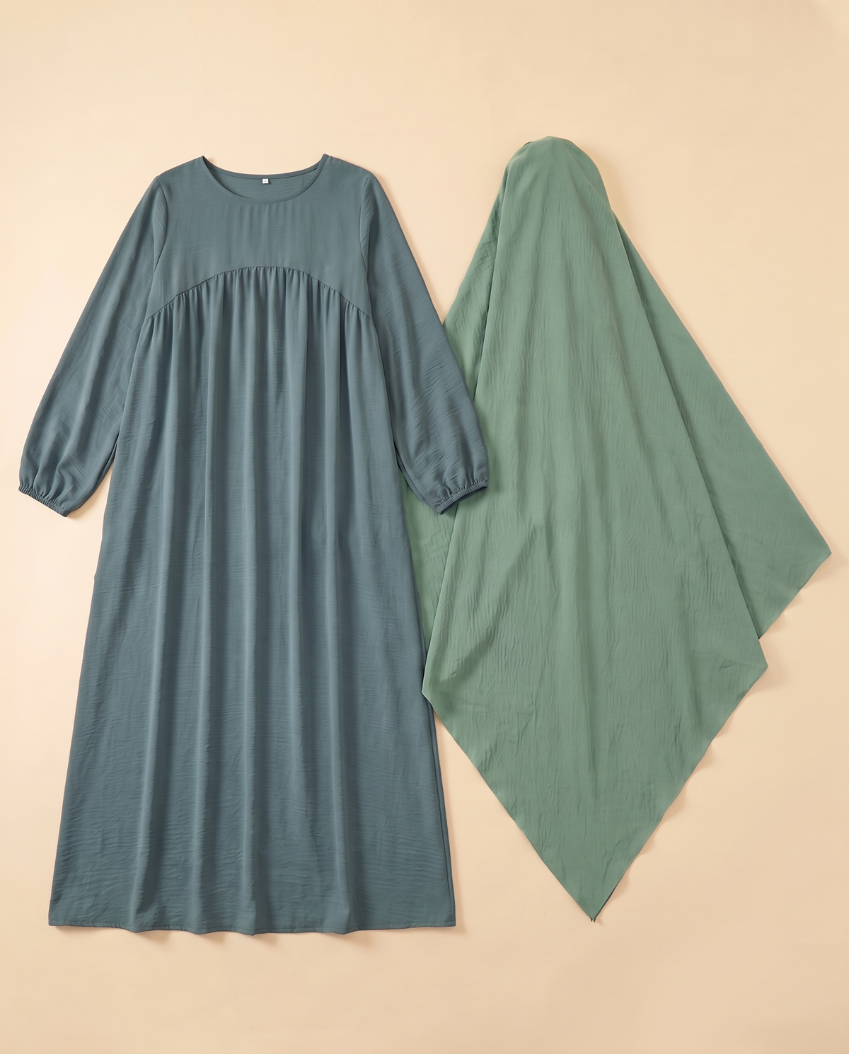 Shatha lantern sleeve prayer set in Teal Grey & Sage, flat lay