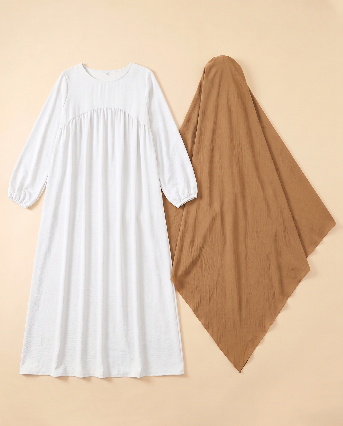 Shatha lantern sleeve prayer set in White & Camel, flat lay