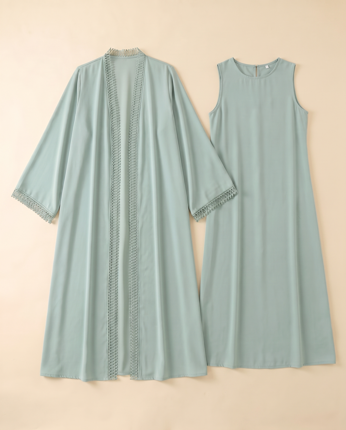 Lace-trim open abaya and slip dress set in Mint, flat lay