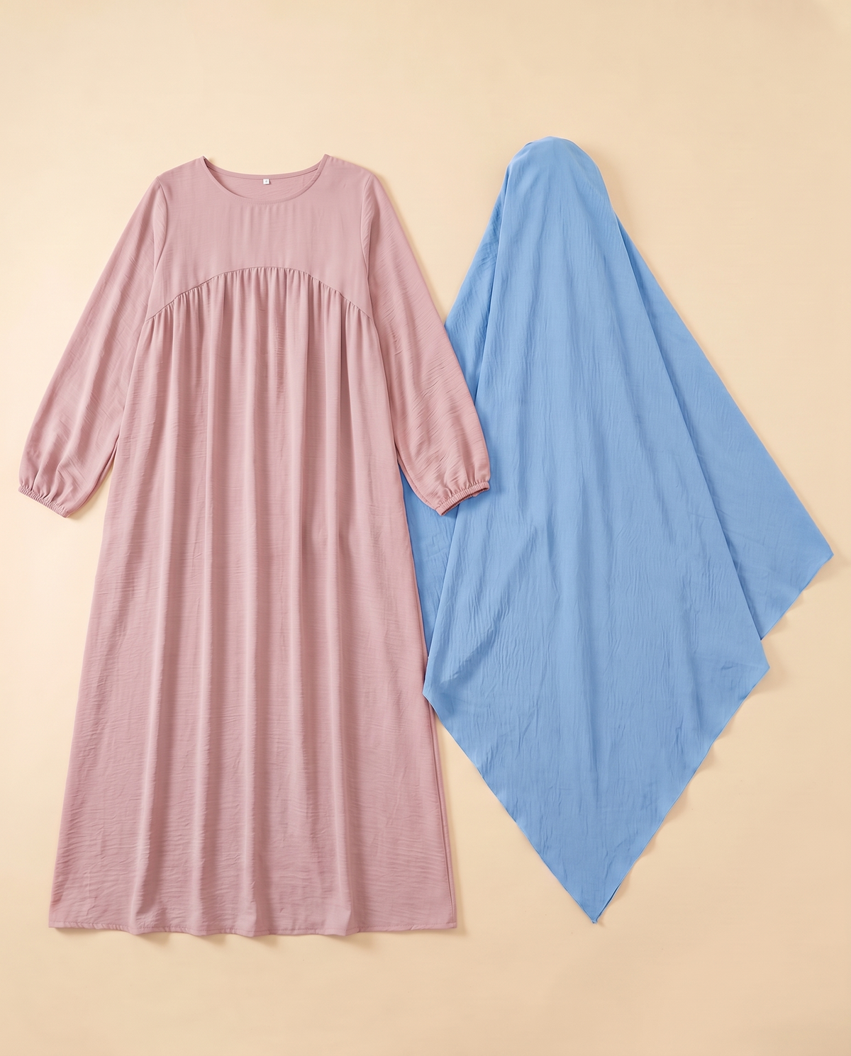 Shatha lantern sleeve prayer set in Pink & Light Blue, flat lay