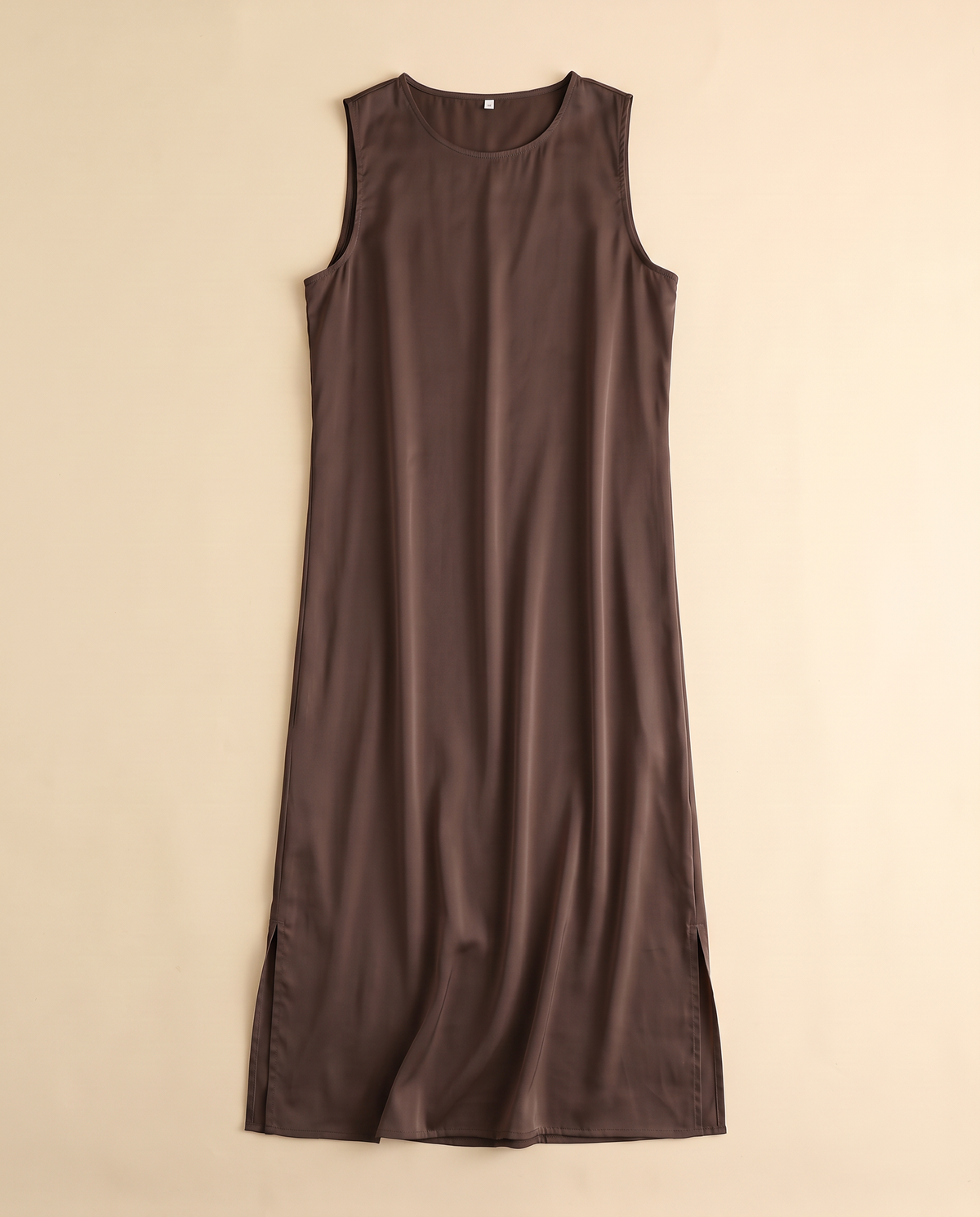 Sleeveless satin slip underdress in Coffee, flat lay