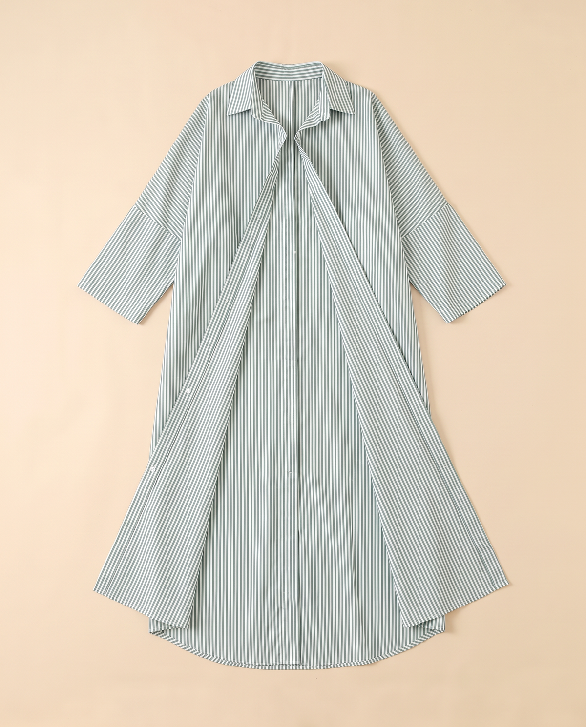 Striped longline shirt abaya in Sage Stripe, flat lay
