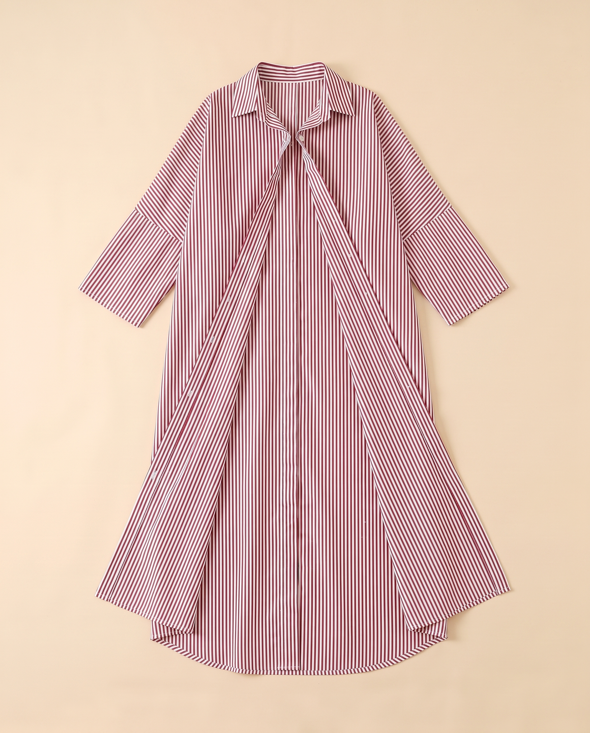Striped longline shirt abaya in Red Stripe, flat lay
