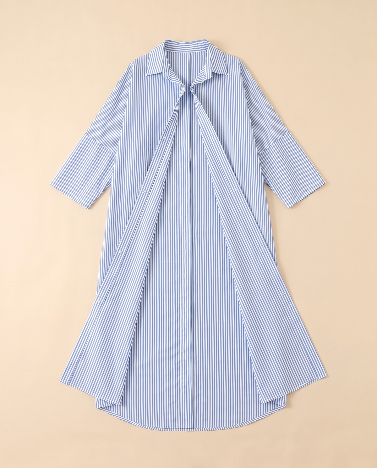 Striped longline shirt abaya in Sky Blue Stripe, flat lay
