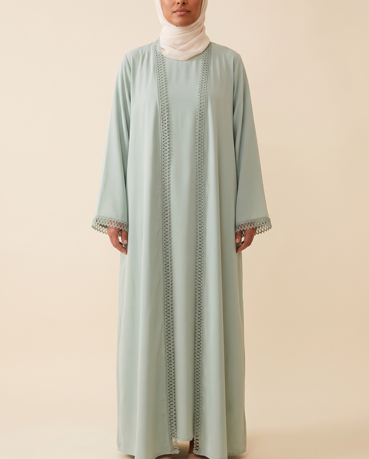 Lace-trim open abaya and slip dress set in Mint, front