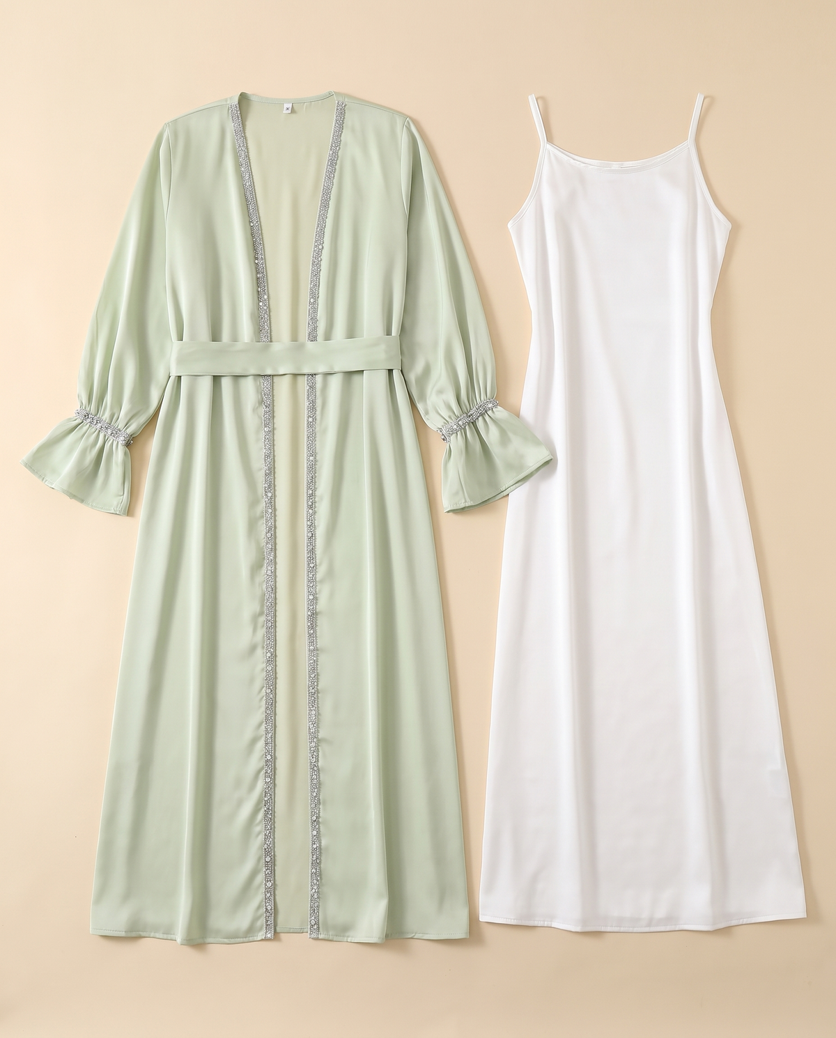 Thuraya beaded satin two-piece set in Sage, flat lay