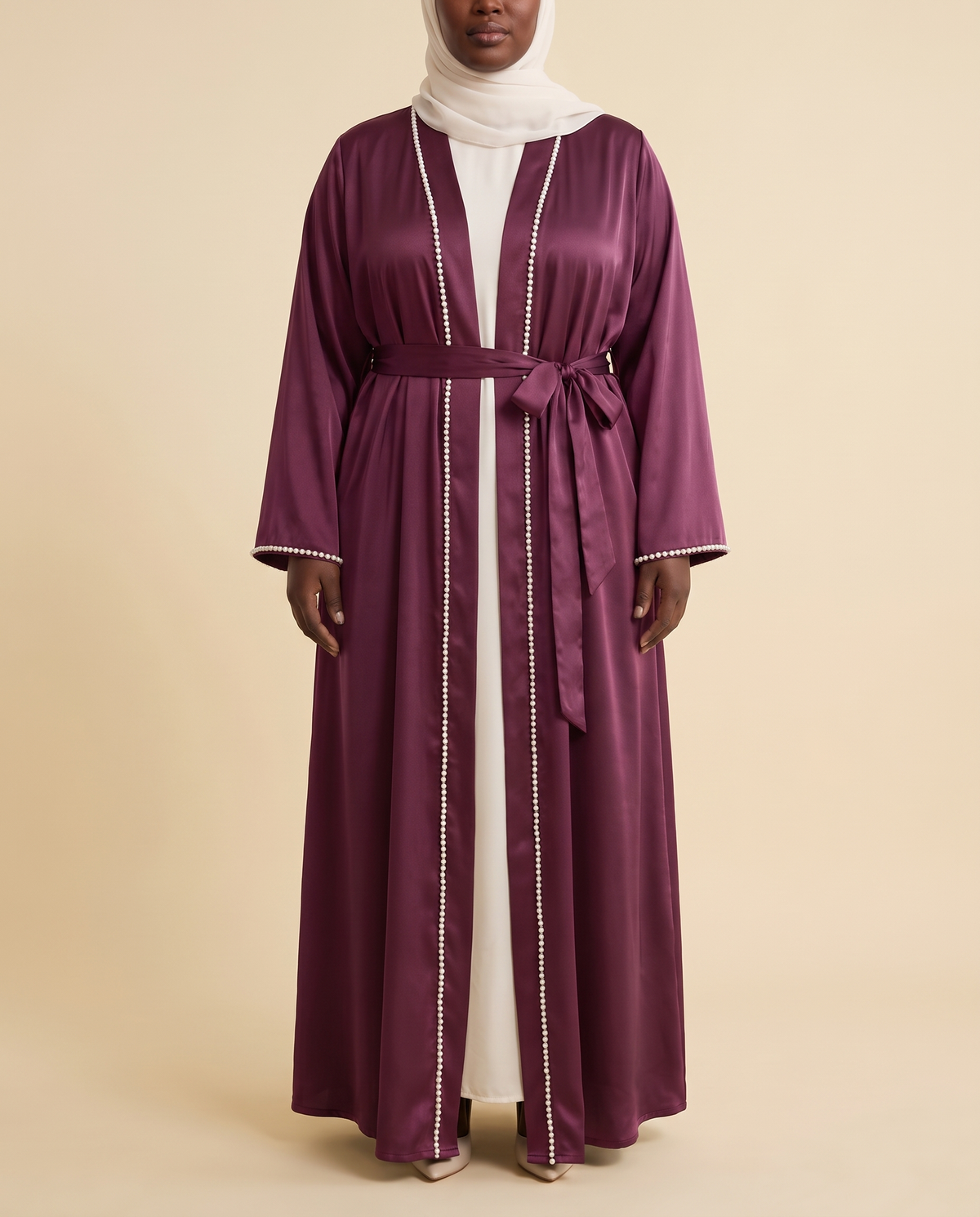 Thuraya beaded satin two-piece set in Plum, front