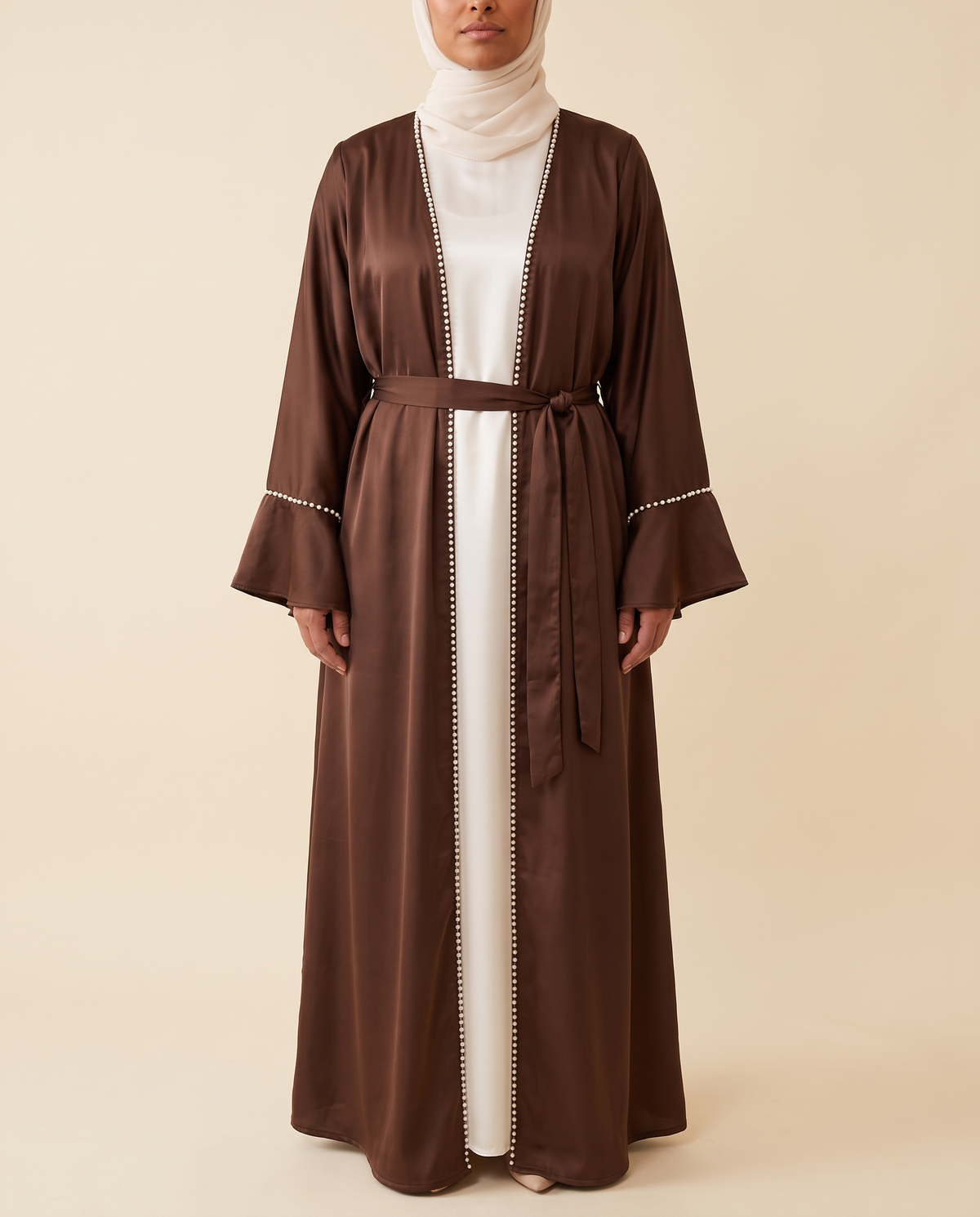 Thuraya beaded satin two-piece set in Chocolate, front