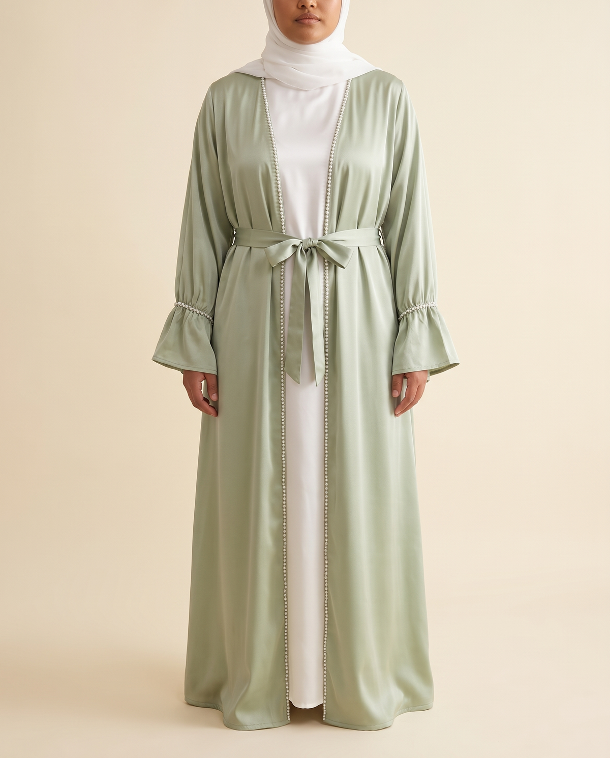 Thuraya beaded satin two-piece set in Sage, front