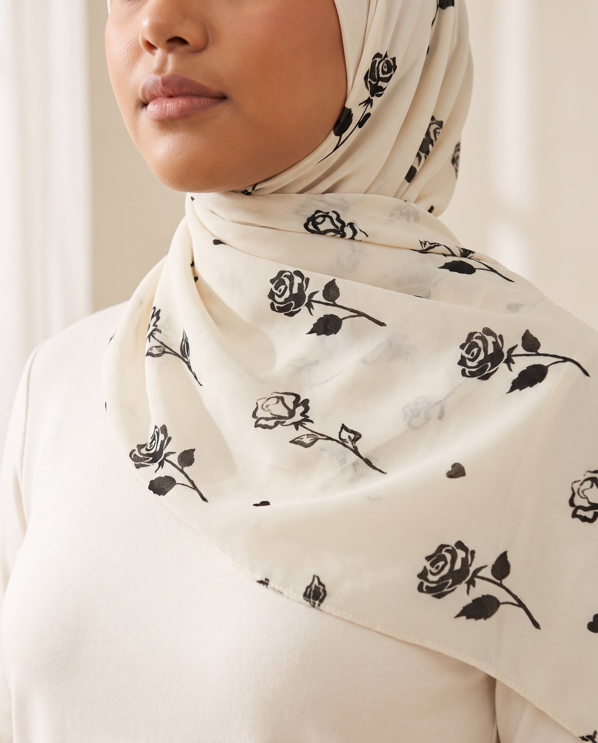 Tamara printed instant hijab in Cream Rose, worn