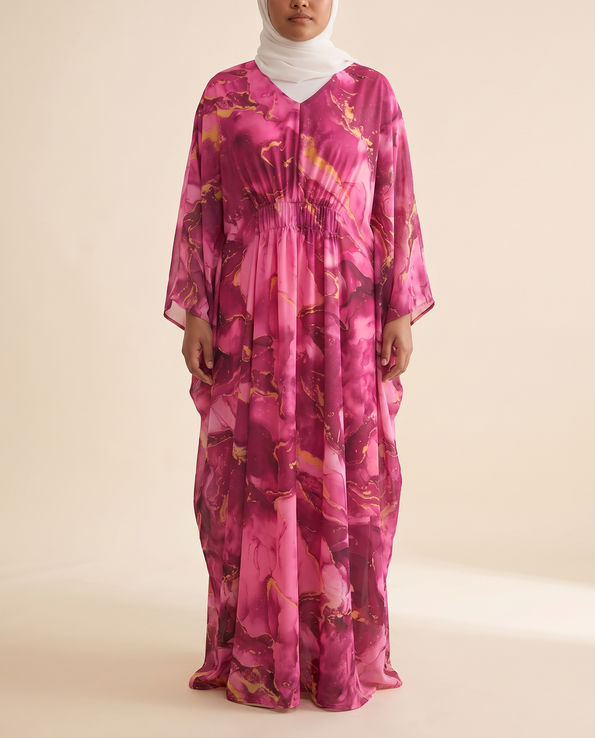 V-neck marble-print chiffon kaftan in Magenta Marble, front