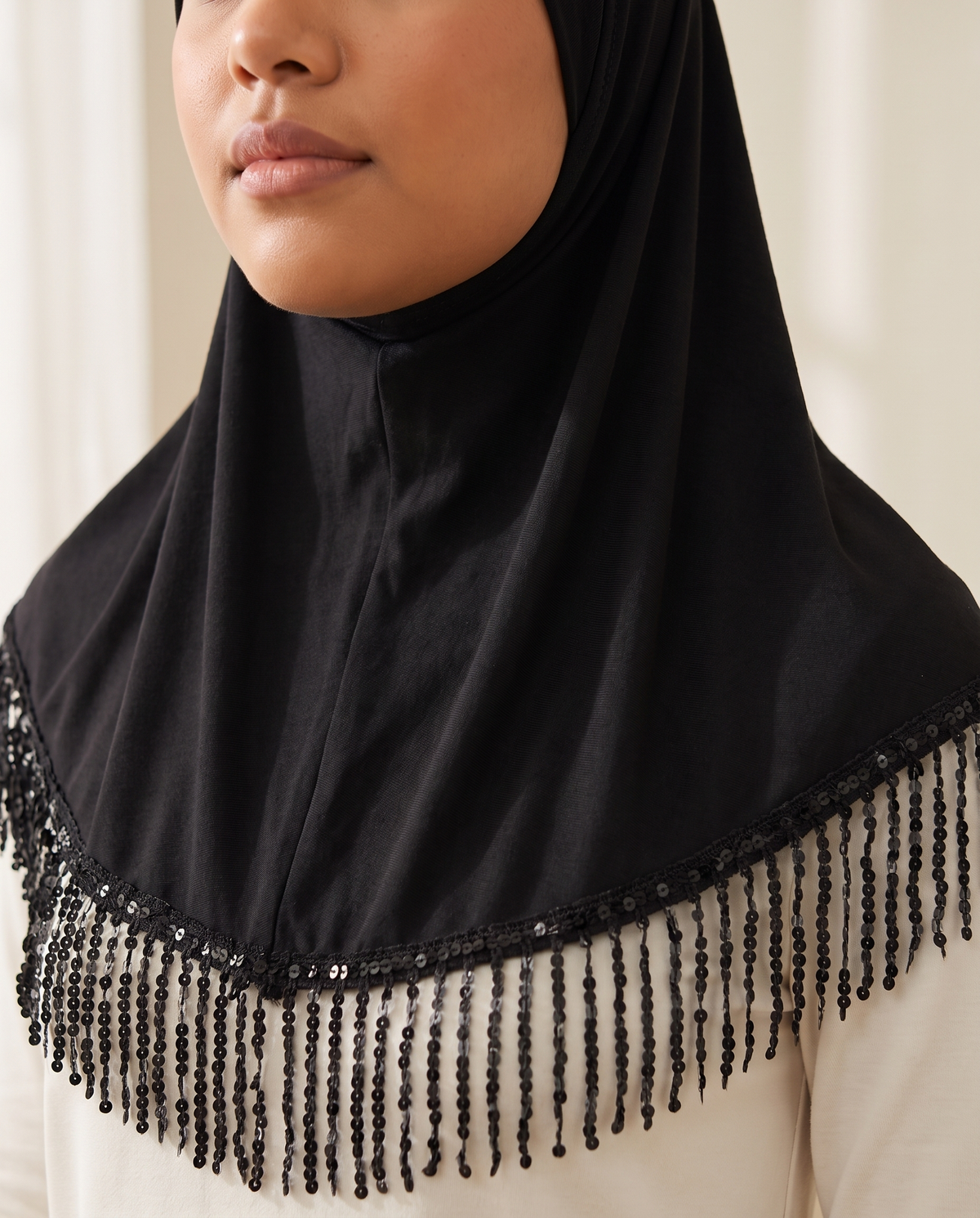 Tuqa sequin-fringe instant hijab in Black Fringe, worn