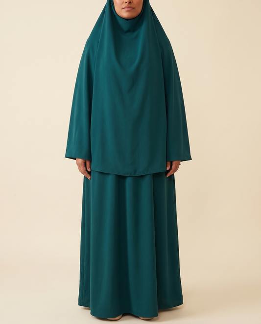 Two-piece khimar and skirt prayer set in Teal, front