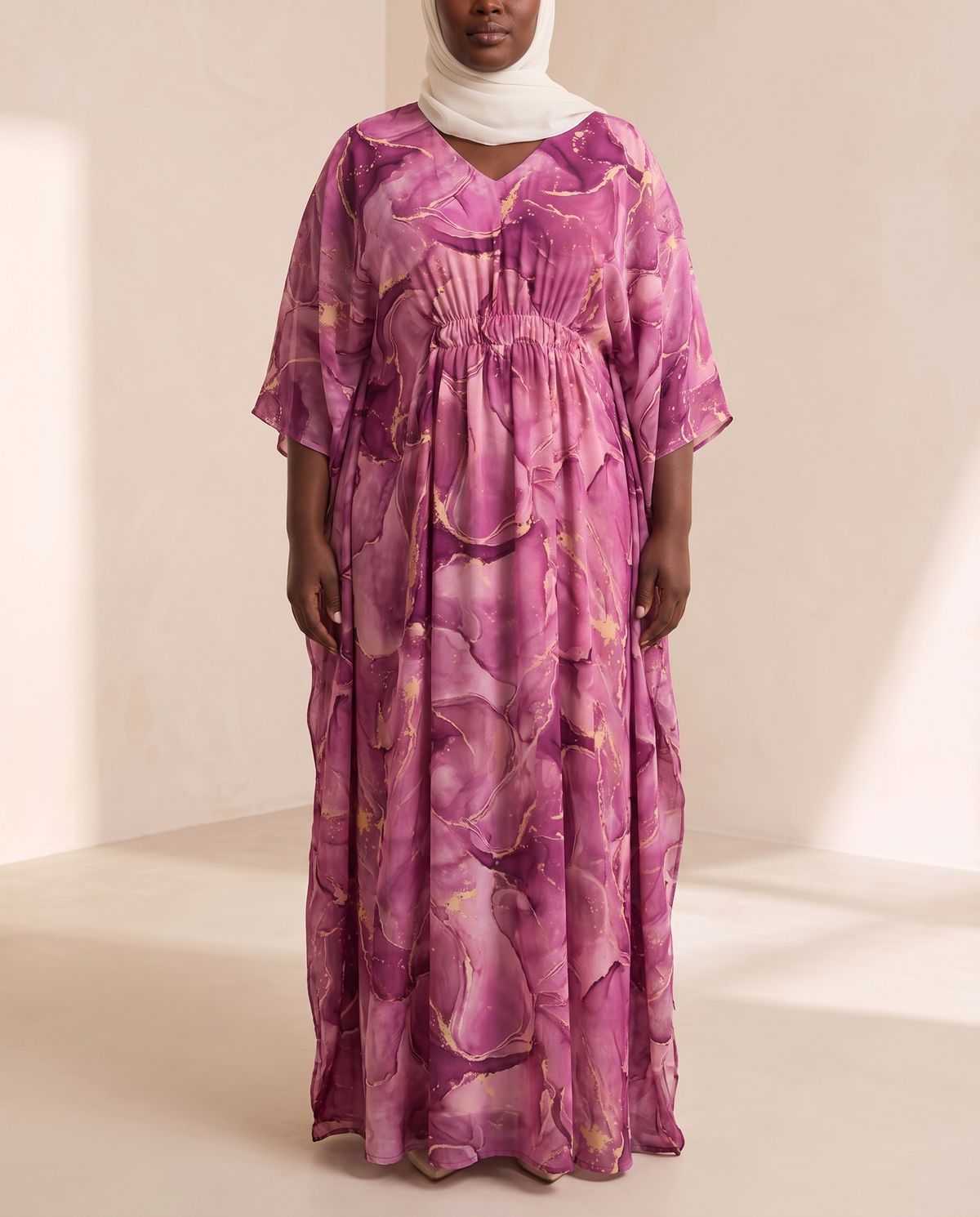 V-neck marble-print chiffon kaftan in Magenta Marble, front
