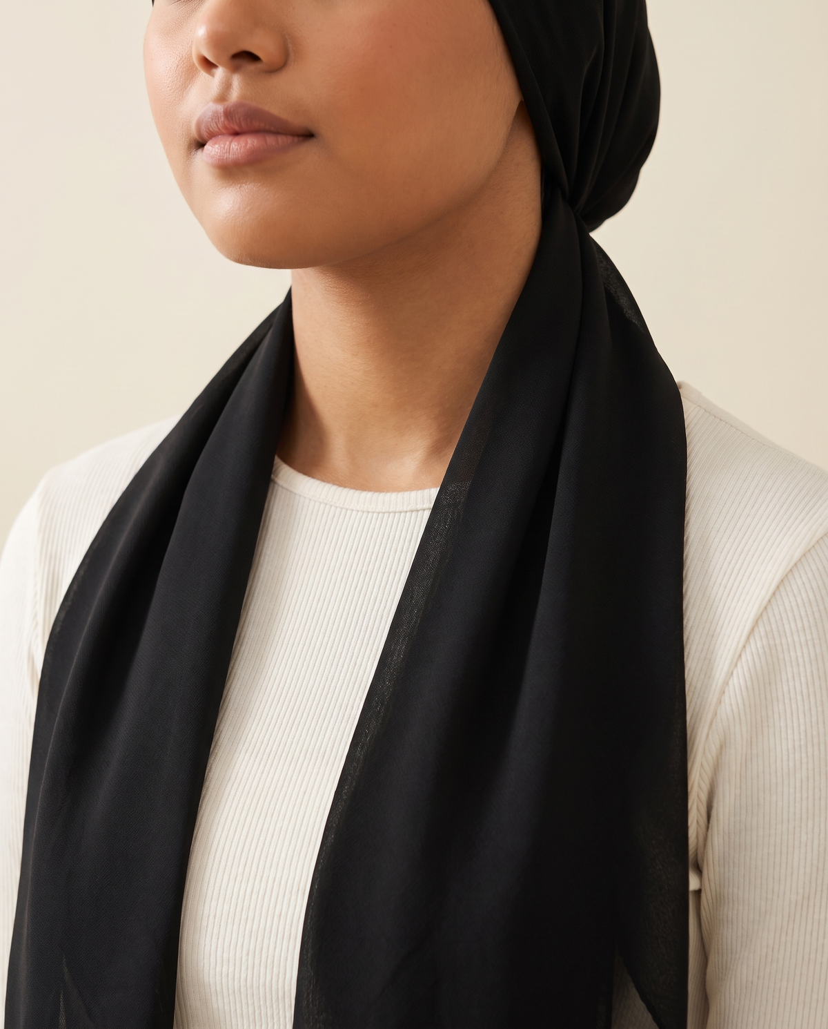 Voile slip-on instant hijab in Black, worn