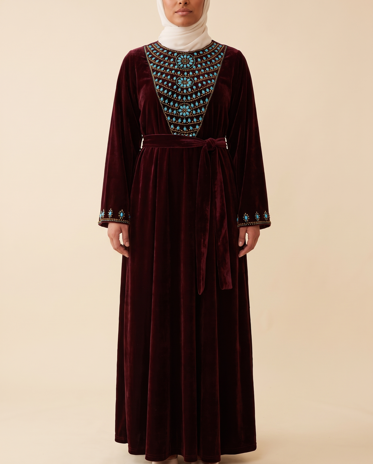 Beaded-yoke velvet abaya in Wine, front