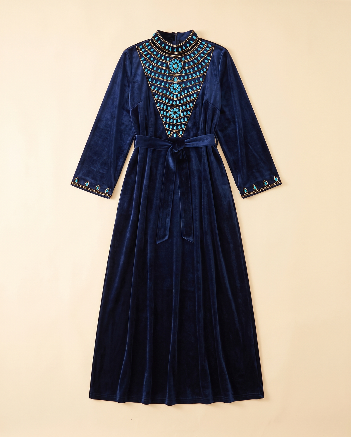 Beaded-yoke velvet abaya in Navy, flat lay