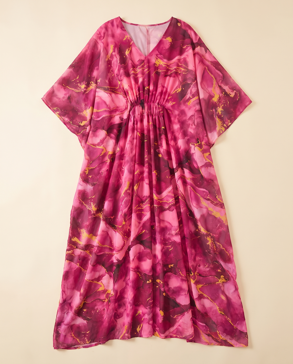 V-neck marble-print chiffon kaftan in Magenta Marble, flat lay