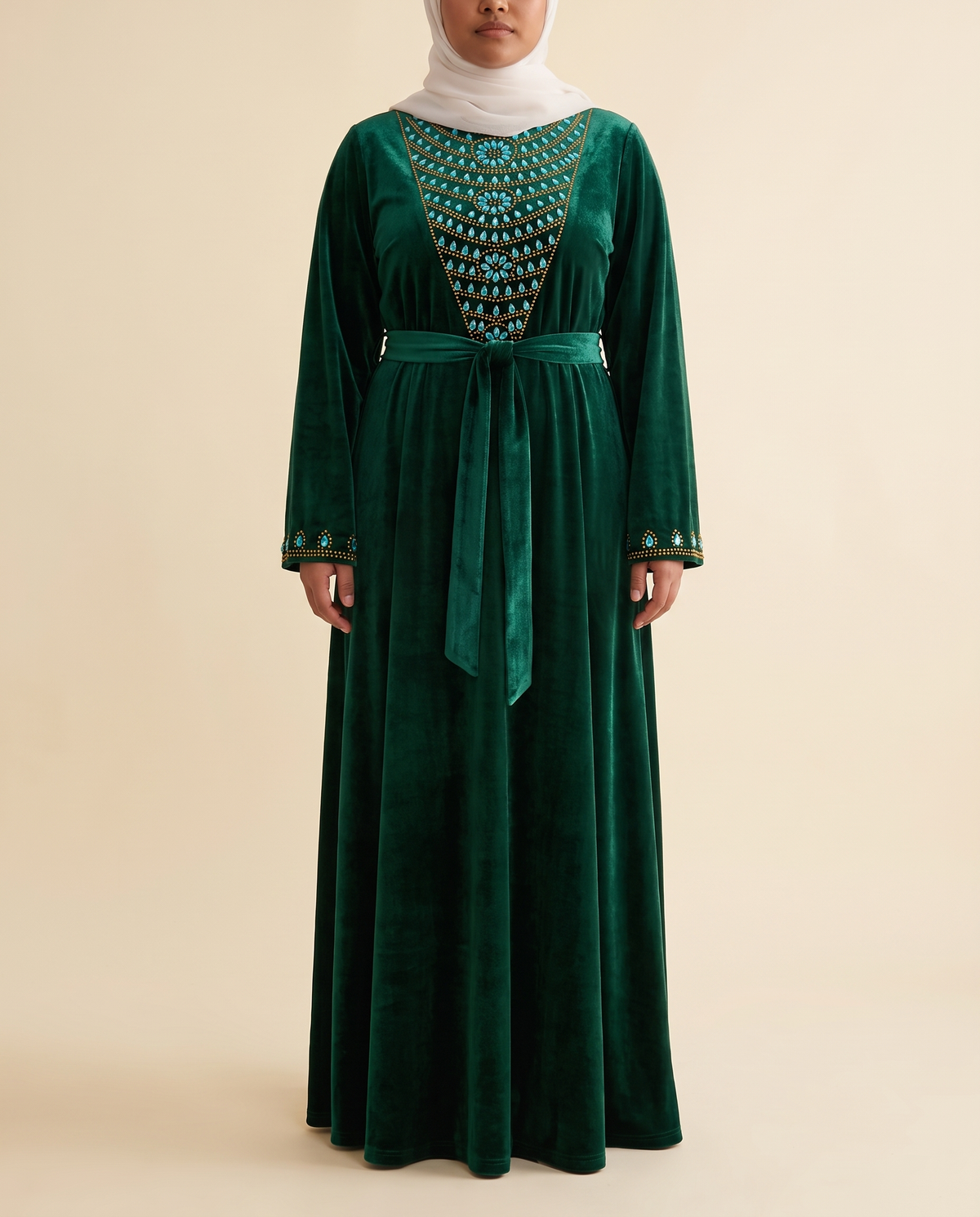 Beaded-yoke velvet abaya in Emerald, front