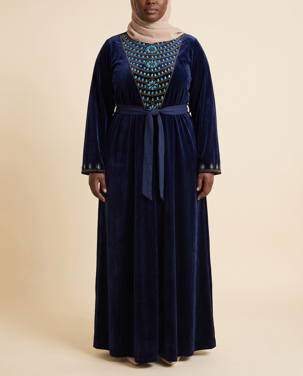 Beaded-yoke velvet abaya in Navy, front