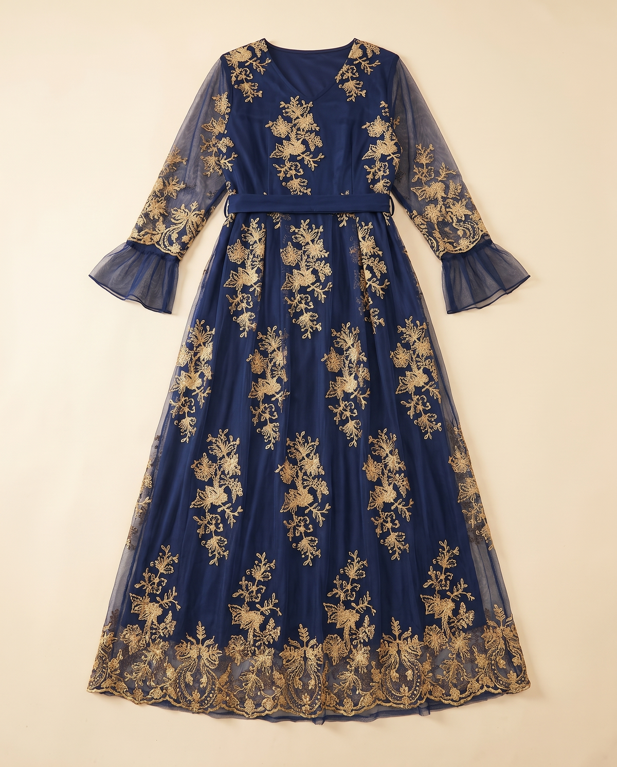 Warda gold-embroidered tulle abaya in Navy, flat lay