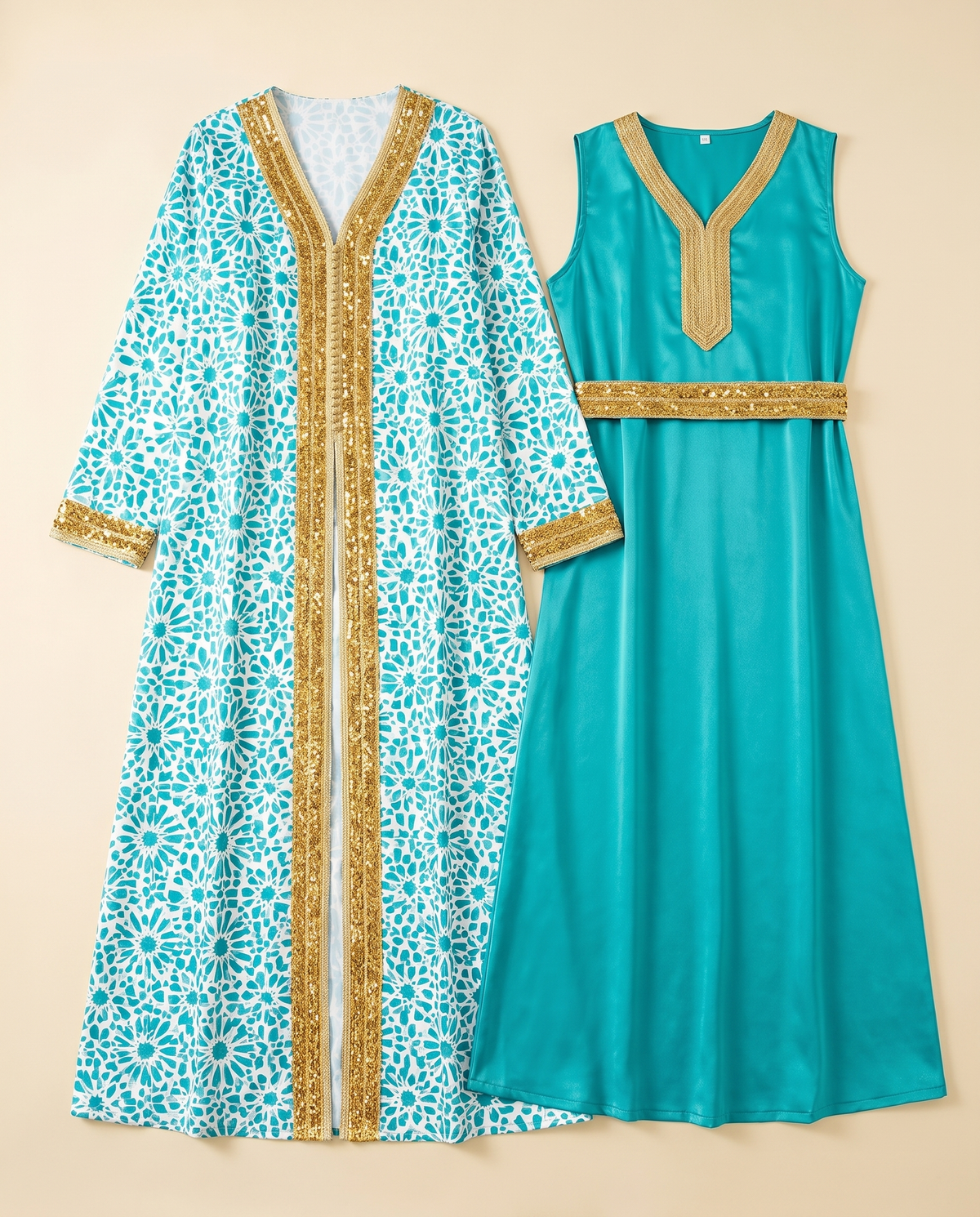 Wafa printed kaftan and underdress set, flat lay
