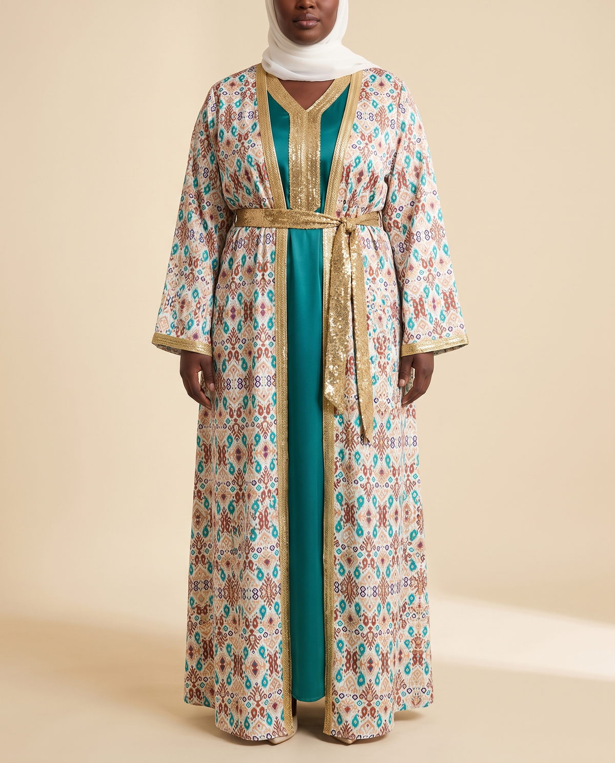 Wafa printed kaftan and underdress set, front
