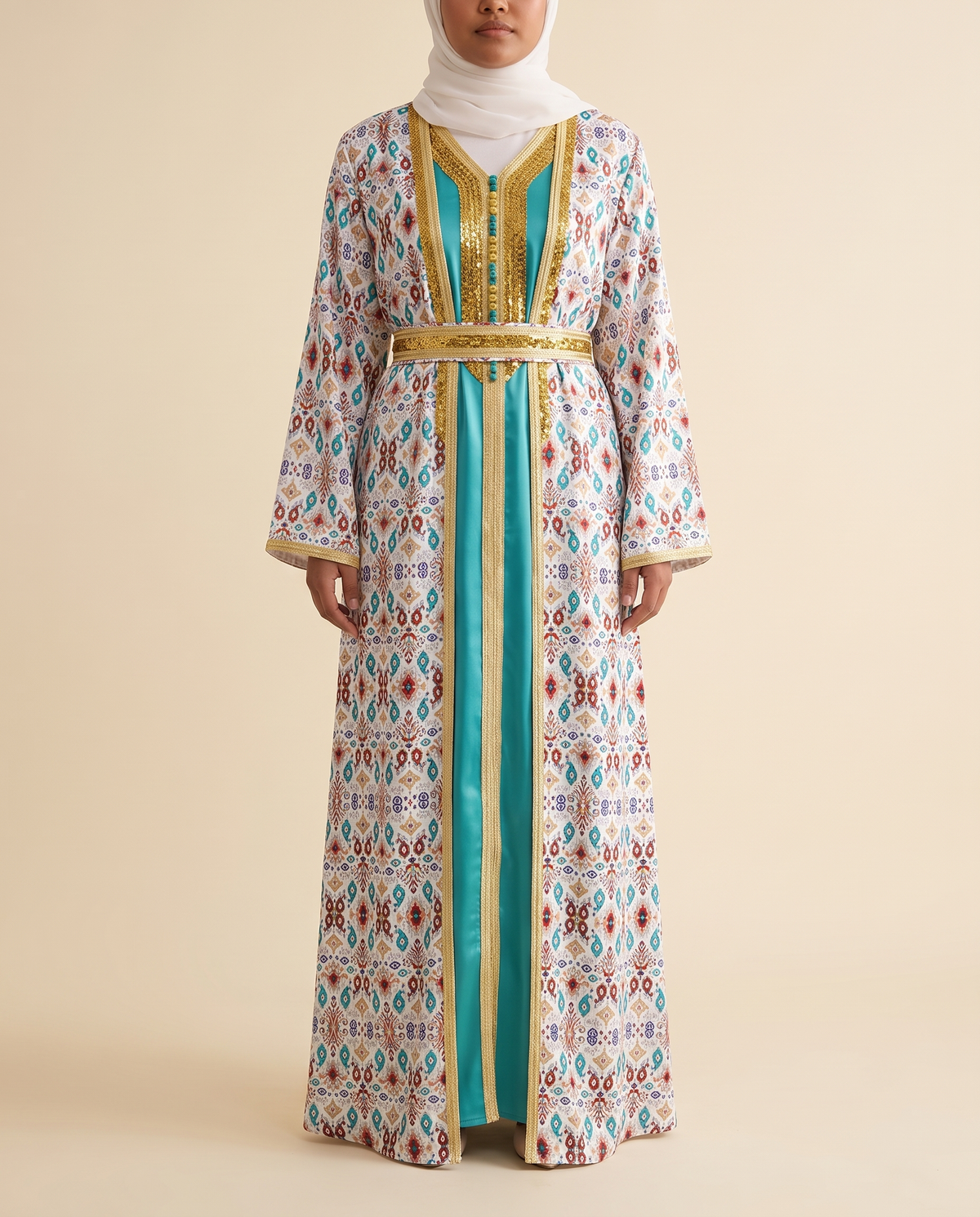 Wafa printed kaftan and underdress set, front