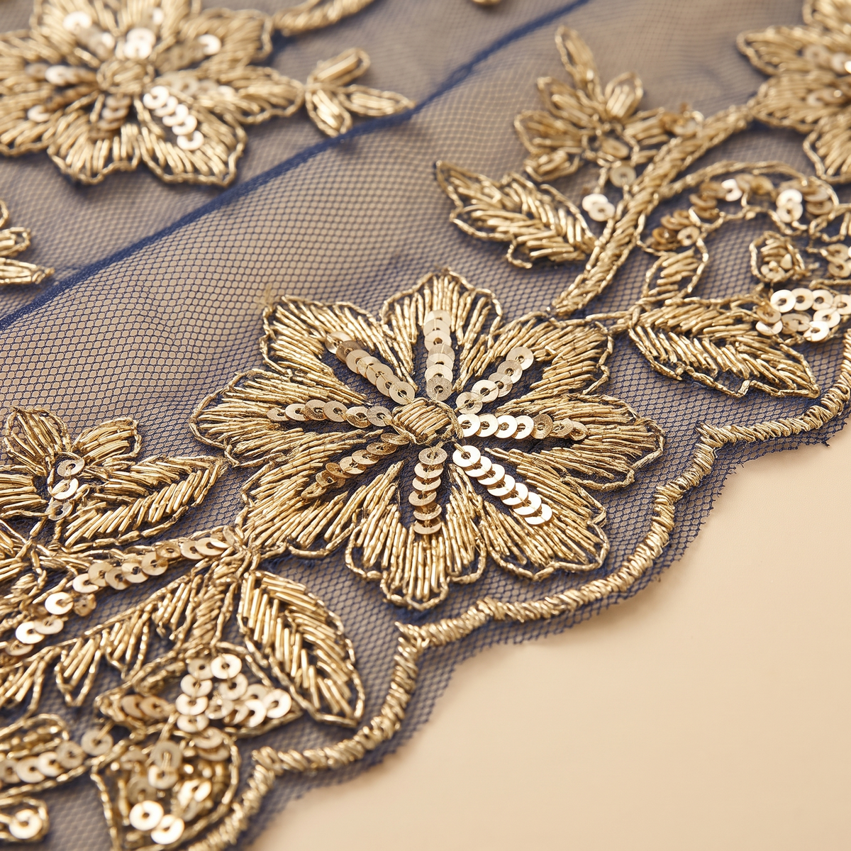 Warda gold-embroidered tulle abaya — embroidery detail