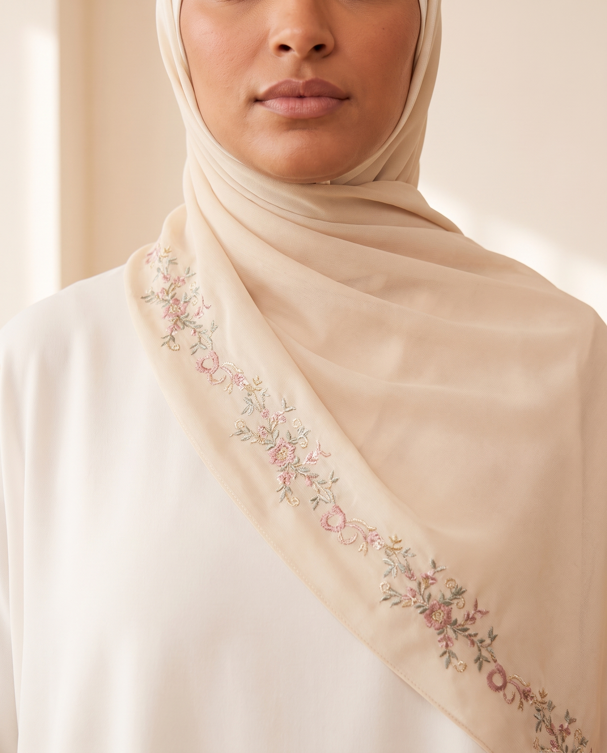 Wardah embroidered chiffon shayla in Beige, worn