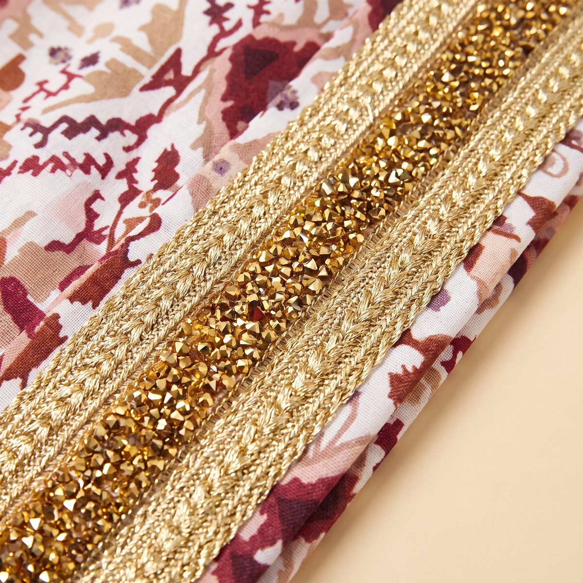 Wafa printed kaftan set — gold sequin braid and print detail