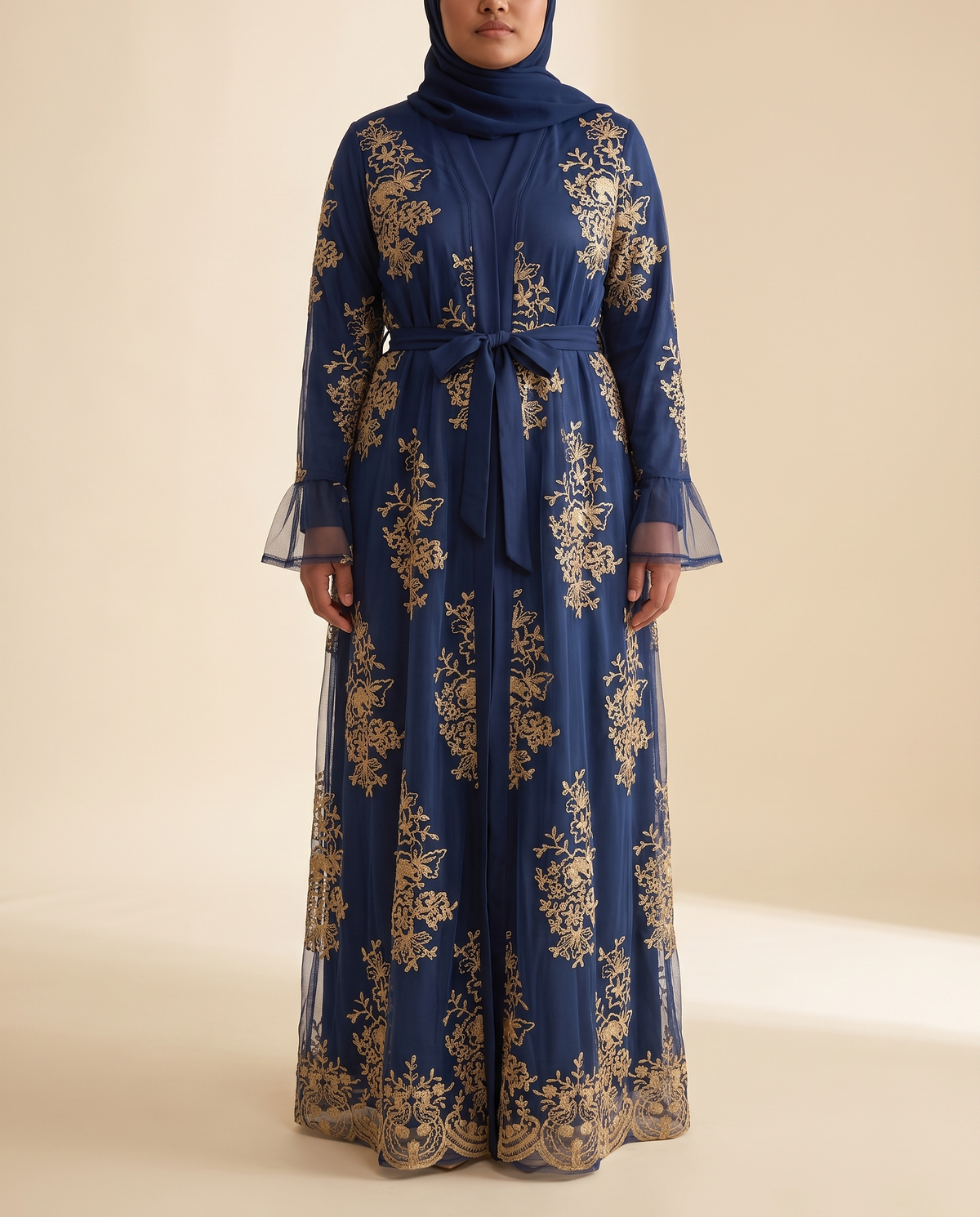 Warda gold-embroidered tulle abaya in Navy, front