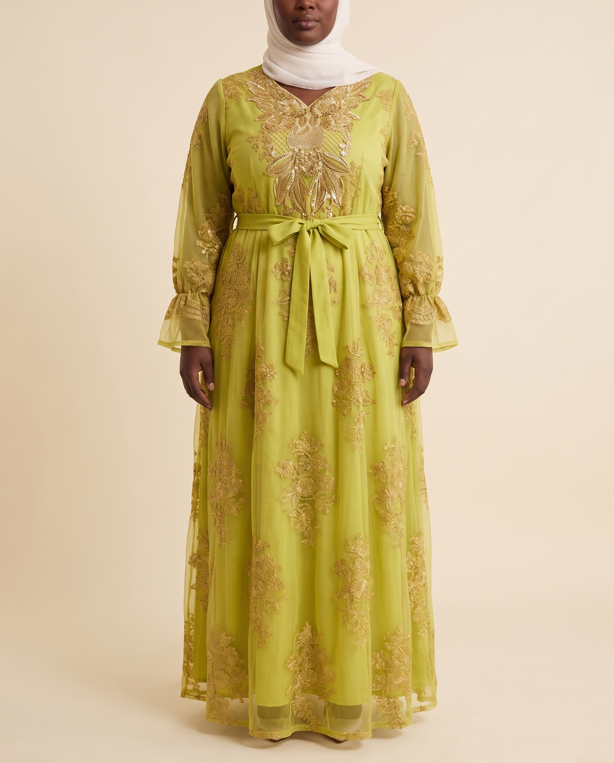Warda gold-embroidered tulle abaya in Chartreuse, front