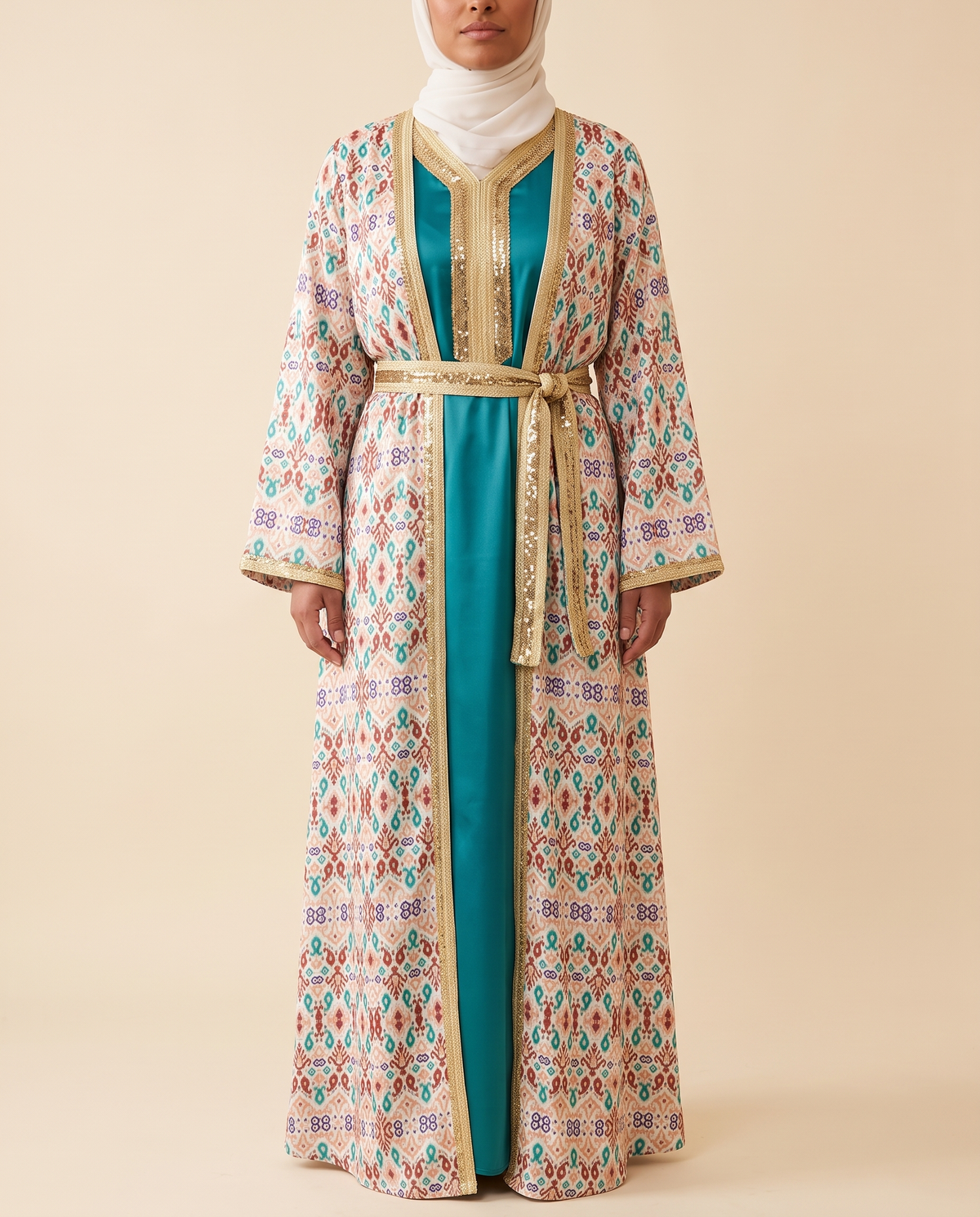 Wafa printed kaftan and underdress set, front