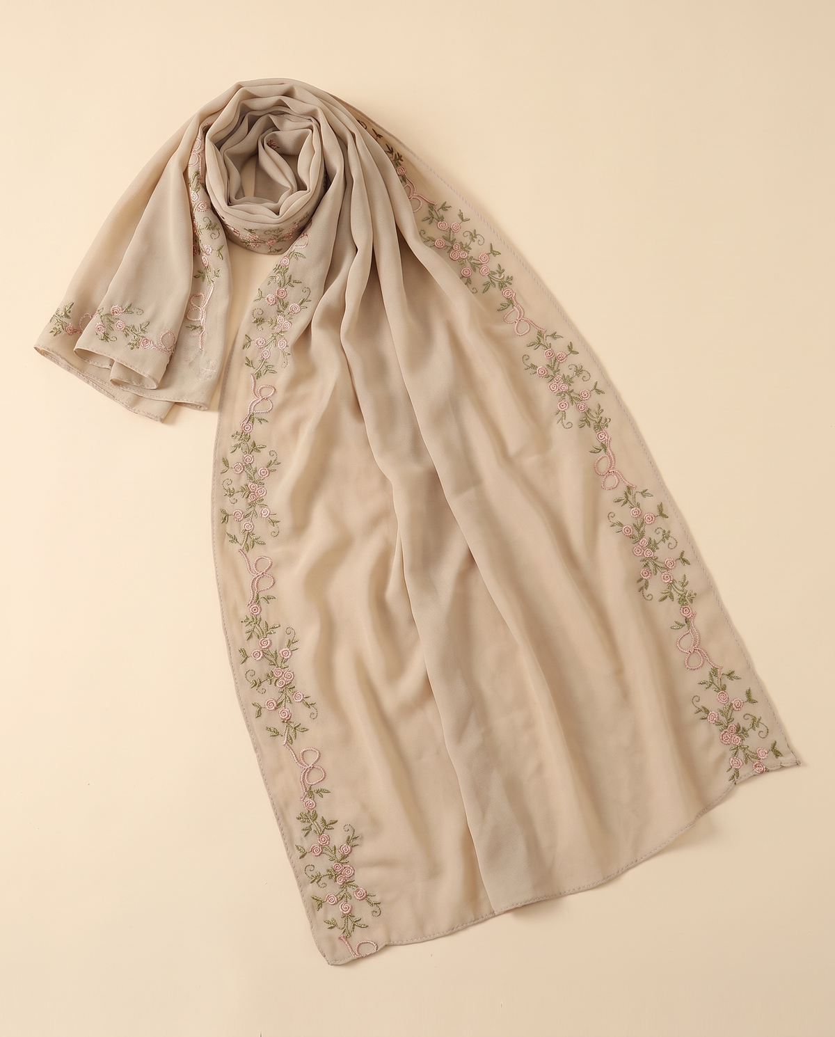 Wardah embroidered chiffon shayla in Beige, flat