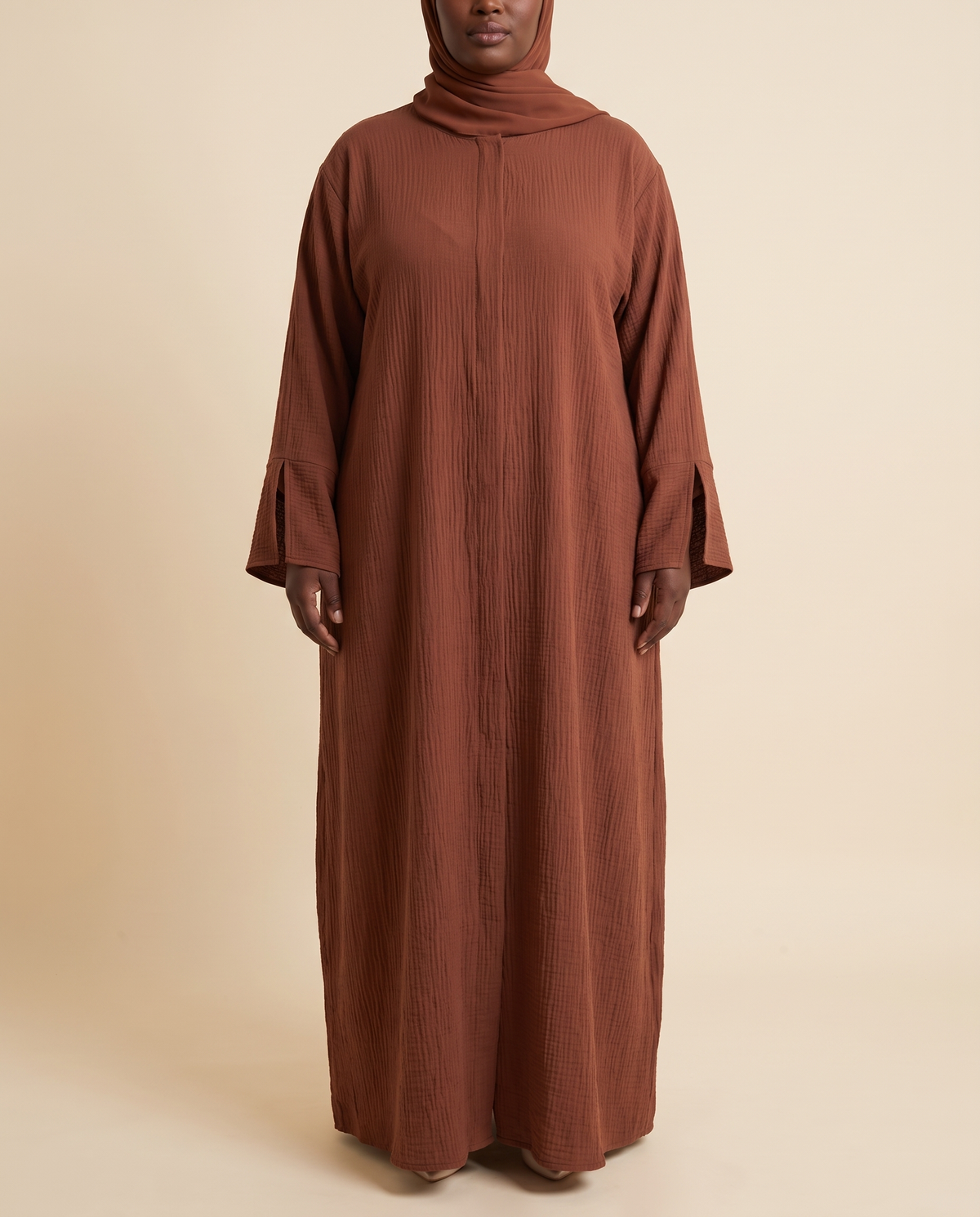 Wijdan textured split-sleeve abaya in Rust Brown, front