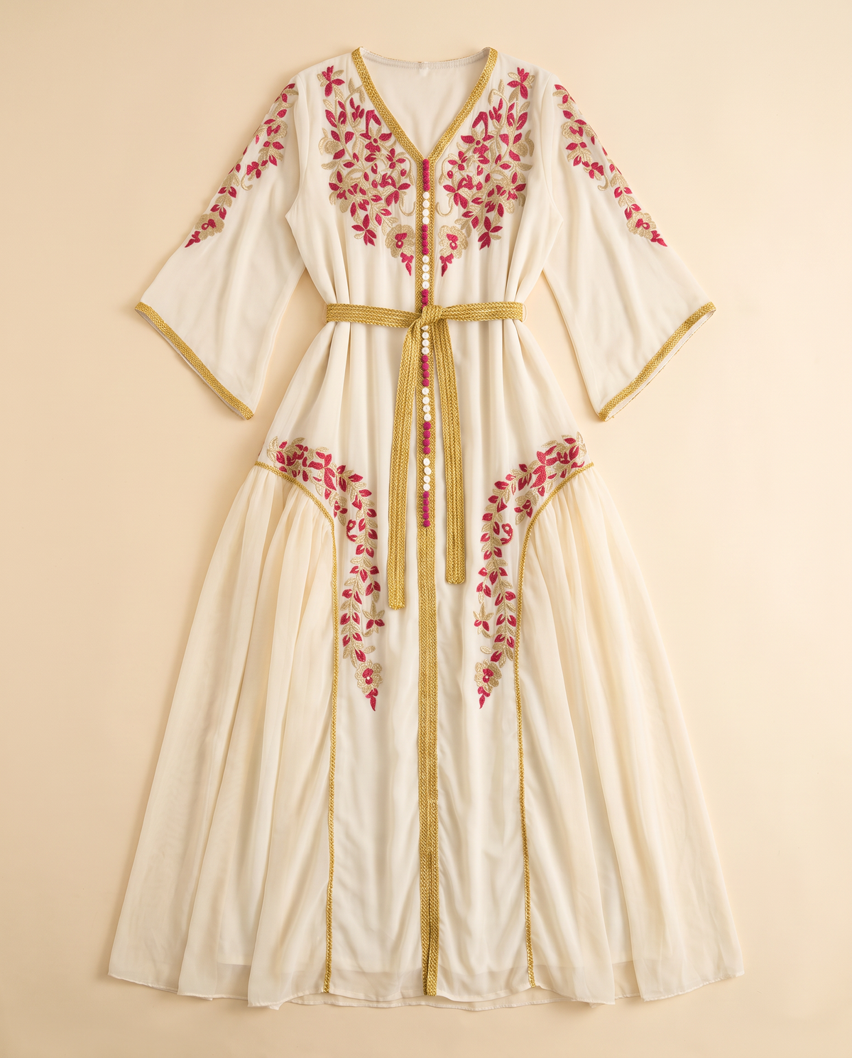Yasmin embroidered chiffon kaftan in Ivory, flat lay